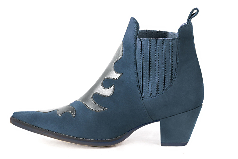 Peacock blue and dove grey women's ankle boots, with elastics. Pointed toe. Medium cone heels. Profile view - Florence KOOIJMAN